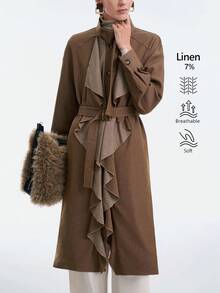 SHEIN LUNE 女士时尚新款秋冬休闲亚麻混纺系带荷叶边下摆长袖高领中长外套，适合商务会议、婚礼、晚宴、通勤、毕业派对、假期、约会、聚会等场合。 - 卡其色 - 查看 2