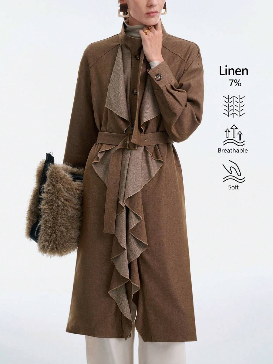 SHEIN LUNE 女士时尚新款秋冬休闲亚麻混纺系带荷叶边下摆长袖高领中长外套，适合商务会议、婚礼、晚宴、通勤、毕业派对、假期、约会、聚会等场合。