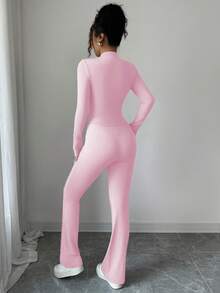 INAWLY 女式紧身拉链短款上衣，中式立领，喇叭裤，两件套 - 淺粉色 - 查看 2