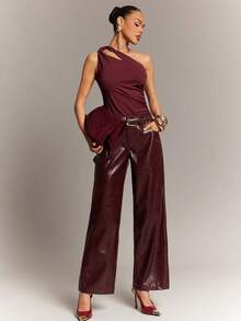 Hauture 女士不对称肩部弹力针织上衣 - 酒紅色 - 查看 4