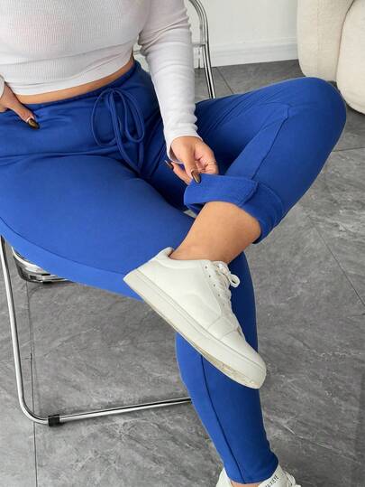 Elenzga Plus Size Women's New Elegant Solid Color Waist Tie Casual Leggings