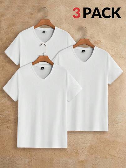 Manfinity BRENVOR 3pcs/Pack Men's Casual Solid Color Knit Short Sleeve T-Shirt, Suitable For Daily Wear, Summer