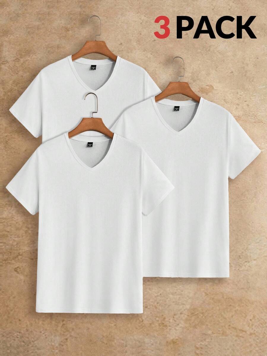 Manfinity BRENVOR 3 chiếc/gói Áo thun nam tay ngắn dệt kim màu trơn thường ngày, thích hợp mặc hàng ngày, mùa hè - trắng - Xem 1