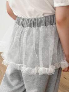 Dazy Kids 年轻女孩抽绳腰部撞色网眼荷叶边下摆宽松裤，女孩夏季服装 - 灰色 - 查看 6
