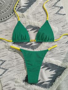 Swim Vcay Bộ đồ bơi bikini trơn màu phong cách hàng hải, họa tiết khối kim loại, họa tiết tam giác gợi cảm dành cho nữ đi biển - màu xanh lá - Xem 3