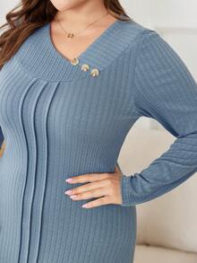 Lacomfia Gaun Kasual Maxi Rajut Jacquard Warna Polos Lengan Panjang Ukuran Besar - Dusty Blue - View 5