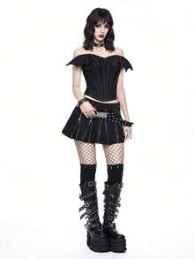 ROMWE Gothic Bat Asymmetric Collar Topstitch Design Stretchy Fitted Denim Top - Black - View 6