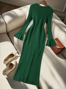 GlowEve CURVE Plus Size Elegant Solid Color Flare Sleeve High Slit Knit Dress, Autumn/Winter - Green - View 2