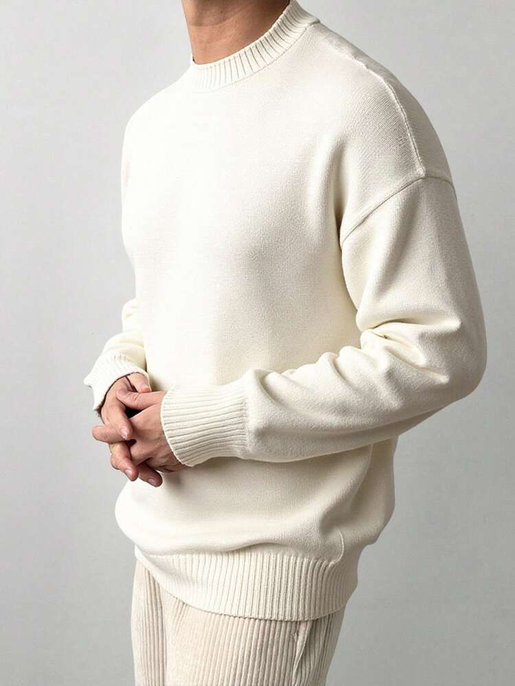 DAZY Men's Round Neck Solid Color White Dropped Shoulder Sweater, Autumn/Winter - White - View 6