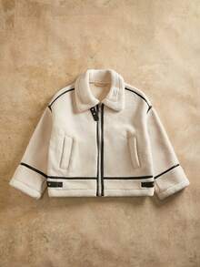 Anewsta Áo khoác ngắn rộng rãi chất liệu vải nỉ dày và giả da chắp vá - Màu be - Xem 3