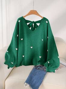 CosyJoli Áo len chui đầu hở lưng cổ chữ V họa tiết trái tim màu be cỡ lớn thường ngày - màu xanh lá - Xem 2