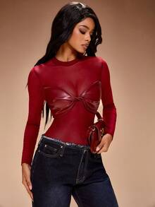 Radiana Áo liền thân lưới xuyên thấu phối màu đỏ rượu vang gợi cảm dành cho nữ cỡ lớn, kiểu dáng đường phố, tay dài trong suốt thời trang. - Đỏ - Xem 3