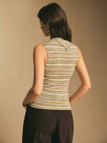 Poéselle 女士条纹极简无袖针织上衣，日常穿着 - 綠色 - 查看 2