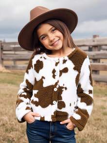 Young Girls' Luxury Elegant Faux Fur Jacket, Soft Plush Fabric, Collarless Design, Brown & White Contrast Color, Front White Gold-Edged Buttons, Loose Fit, Fashionable & Graceful, Suitable For Autumn/Winter