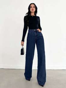 SHEIN Tall HIGH WAIST WIDE LEG LONG HEM BLUE JEAN - 716 GR - Dark Wash - View 4