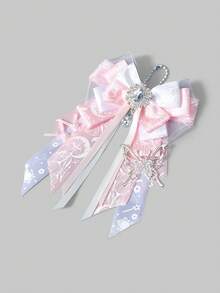 ROMWE Anime 1pc Pink & White Kawaii Sweet Cute Y2K Bow Crystal Moon Print Handmade Keychain, Suitable For Preppy, Lolita Style, Can Be Hung On Bags, Pants - Baby Pink - View 2