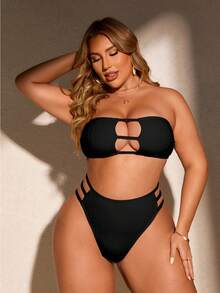 Swim SXY Große Größen Sommer Strand Bikini Set mit einfarbigem Cut Out-Design, trägerlosem Top und Bikinihose in Dreiecksform