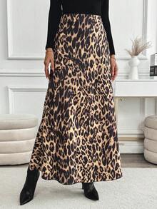 SHEIN PETITE French-Style Casual Versatile Midi Skirt, Autumn And Winter Women's High-Waisted Leopard Print Midi Skirt, Fashionable Women's Midi Skirt, Women's Autumn Clothing, Women's Midi Skirt - Multicolor - View 3