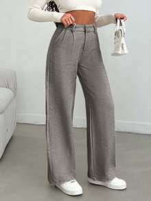 SHEIN Cottnline Women Solid Color High Waist Wide Leg Pants - Brown - View 5