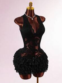 Y2K Amplova Romantic Vintage Lace Black Sheer Deep V Waist Layered Cake Skirt Mini Dress For Women Black Lace Bodysuit Black See Through Dress Sexy Women Clothes Christmas Outfit For Women New Year Dress - Black - View 4