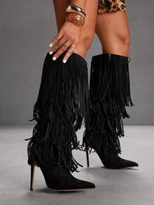 CUCCOO SZL 时尚尖头细高跟黑色多层流苏性感优雅女式过膝靴，黑色过膝长靴适合时尚派对、夜总会、音乐节、性感装扮 - 黑色 - 查看 5