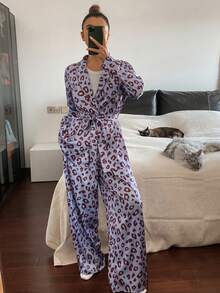 DAZY Charming Leopard Print Satin Robe & Pants Set, Women Sleepwear, Fall & Winter Clothes - Blue - View 4