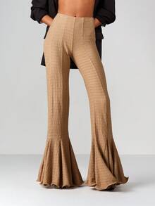 MISSGUIDED Quần ống loe ống loe ống rộng cạp cao kiểu Palazzo họa tiết nhăn quần dự tiệc cưới buổi tối trang trọng - Màu Khaki - Xem 3