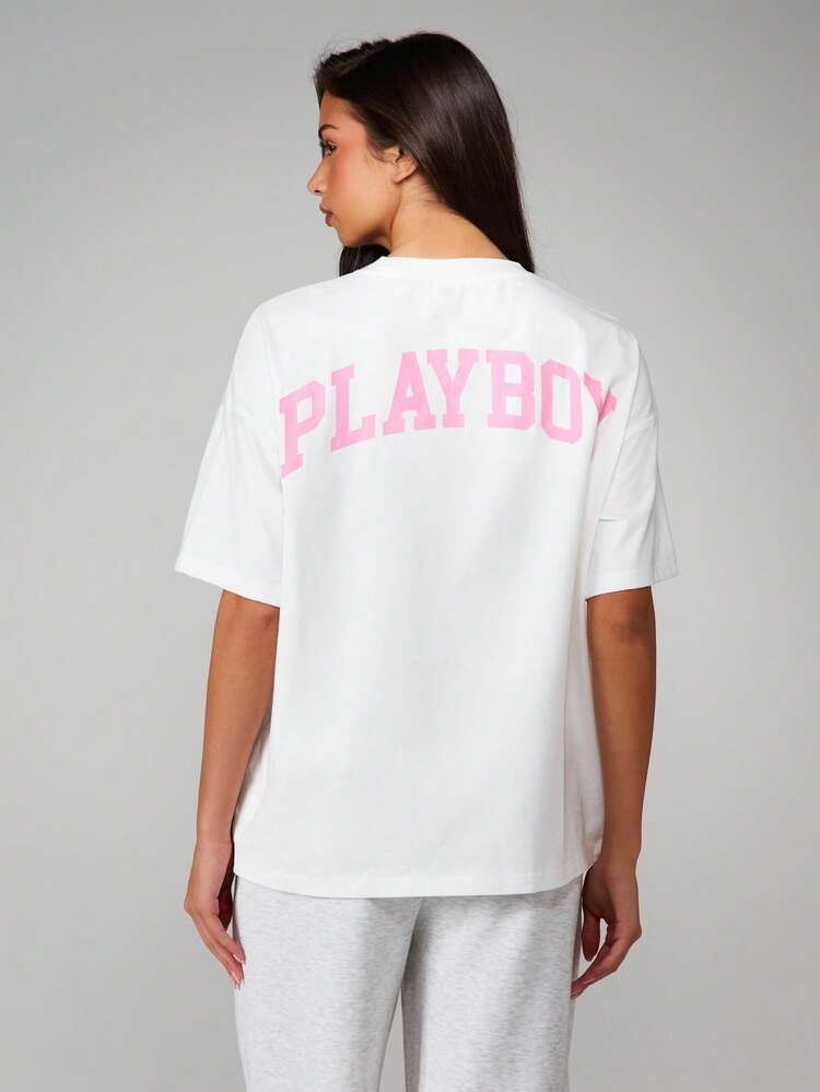 Missguided x Playboy Oversized Cotton Pocket Detail T Shirt Bunny Logo Print Short Sleeve Crew Neck Casual Streetwear Top