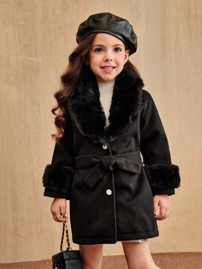 SHEIN Elladie kids Överrock med fuskpälskrage för små flickor, eleganta och söta tjocka ytterkläder för små flickor, vinterkappa för flickor, svart kappa för flickor, fuskpälskappa för flickor, kappa med bälte för flickor, vinterkappor för flickor, klänningskappa för små flickor, vinterkappa för hösten