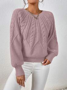 EMERY ROSE Casual Solid Color Lantern Sleeve Sweater, Autumn/Winter - Pink - View 3