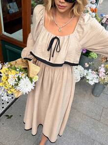 SHEIN Frenchy 女士撞色滚边方领长灯笼袖中长连衣裙 - 杏色 - 查看 4