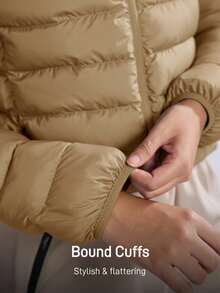 In My Nature 女士休闲字母图案拉链连帽户外羽绒服，秋冬款 - 卡其色 - 查看 8