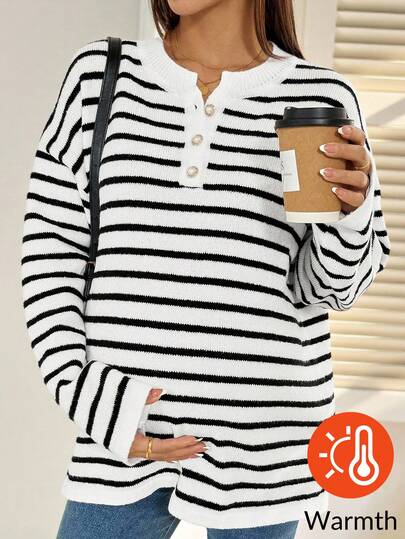 SHEIN Maternity Striped Drop Shoulder Long Sleeve Button Half Placket Casual Loose Knit Sweater, Autumn/Winter Jumper For Woman Women Sweater Oversized Sweatshirt Woman Sweater Top
