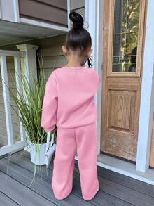 年轻女孩休闲心形印花针织纯色宽松落肩长袖运动衫和阔腿运动裤套装 - 西瓜粉 - 查看 2