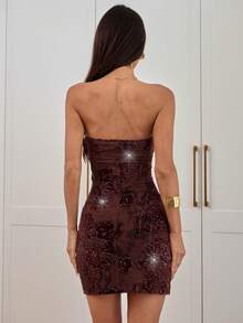 Aloruh Rochie de toamnă fără bretele cu imprimeu floral și flocaj pentru femei - Maro - Vizualizare 3