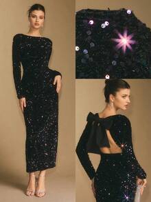 Poéselle Women's Elegant Black Sequin Dress Autumn Backless Bow Tie Slit Maxi Dress,Glamorous Sparkly Birthday Dining Party New Year Christmas Glitter Gown - Black - View 10