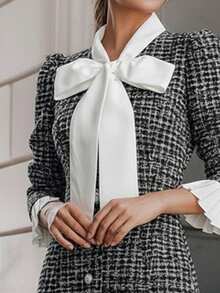 EMERY ROSE Women's Autumn/Winter Bowknot Neck Colorblock Plaid Pleated Short Dress Fall Cloth For Women - Black and White - View 3