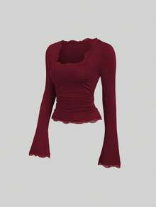 Sweetra 女士复古法式修身喇叭袖蕾丝领休闲T恤套装，秋季 - 彩色 - 查看 3