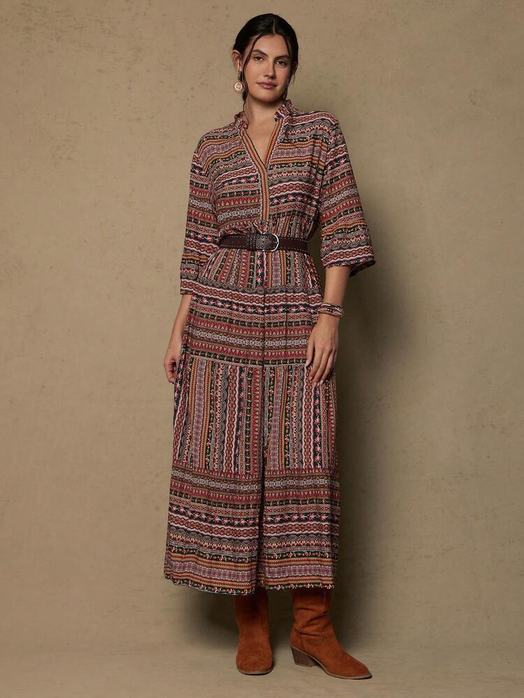 Freevana Plus Size Retro Half-Placket Mid-Sleeve Cinched Waist Dress - Multicolor - View 5