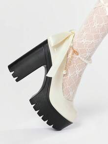 ROMWE Goth Giày cao gót đế dày đế thô thời trang Mary Jane màu trơn đính ngọc trai, trang trí nơ ren, thích hợp cho tiệc tùng, đi chơi, hẹn hò - trắng - Xem 3