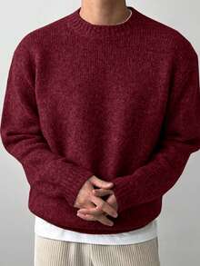 DAZY 男士纯色酒红色圆领毛衣，秋季 - 紅色 - 查看 5