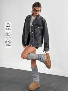 EURMUSE Áo khoác denim vai trễ màu xám giản dị - Xám - Xem 1