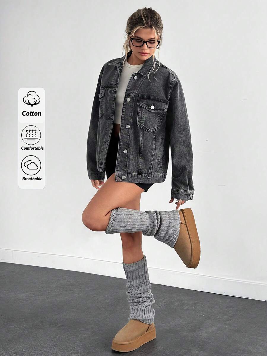 EURMUSE Áo khoác denim vai trễ màu xám giản dị - Xám - Xem 1