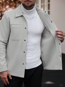 Manfinity CasualCool 男士纯色休闲长袖外套，适合秋冬季节穿着，灰色纽扣大衣