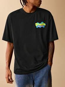 SpongeBob SquarePants | SHEIN Men's Casual Cartoon Pattern Round Neck Short Sleeve T-Shirt, Autumn - Black - View 4