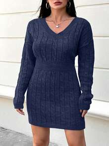 EURMUSE Plus Size V-neck Knitted Sweater Dress With Drawstring - Navy Blue - View 1