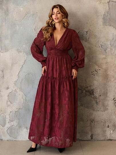 Roveilla Plus Size Elegant French Jacquard V-Neck Ruched Dress Lace Maxi Dress Boho Wedding Guest Dress Long Sleeve Maxi Dress Women Maroon Maxi Dress Long Boho Dress