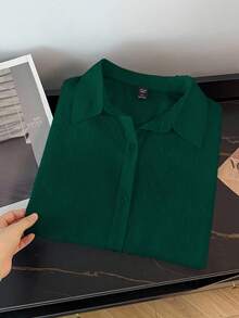 GlowEve CURVE Plus Size Casual Solid Color Short Sleeve Shirt - Dark Green - View 4