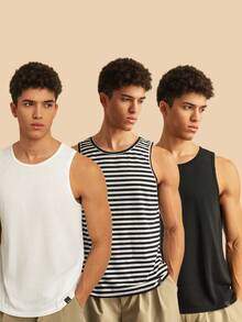 SWAVVY 3 件套男士春夏休闲背心套装无袖纯色度假基本款背心，适合男友礼物 - 黑與白 - 查看 9