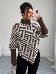 Elenzga Women's Elegant High Neck Geometric Textured Poncho Sweater, Colorblock, Suitable For Home & Travel, Spring/Autumn - Coffee Brown - View 5
